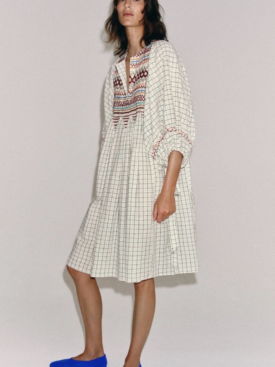 Zara Dresses & Skirts - Zara Cream Checked Embroidered Long Sleeve Dress